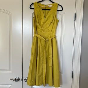 Mustard gold boden sleeves v neck dress removable belt back zip US yellow euc